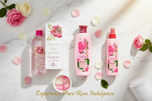 ри формати трояндової води RosaLine: Signature Bulgarian Rose 500 мл, BioFresh Rose of Bulgaria 330 мл та спрей 230 мл на мармуровій поверхні з пелюстками троянди
