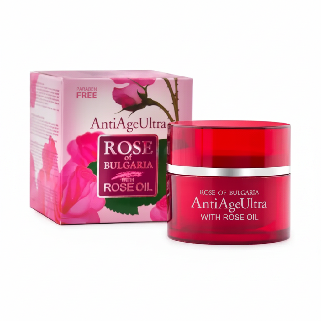 Антивіковий крем Ultra Rose of Bulgaria BioFresh 50 мл з трояндовою олією — червона скляна баночка та упаковка