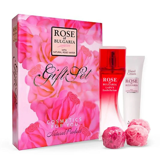 Подарунковий набір Rose of Bulgaria від BioFresh: парфуми 50 мл, крем для рук 75 мл і три мила по 40 г